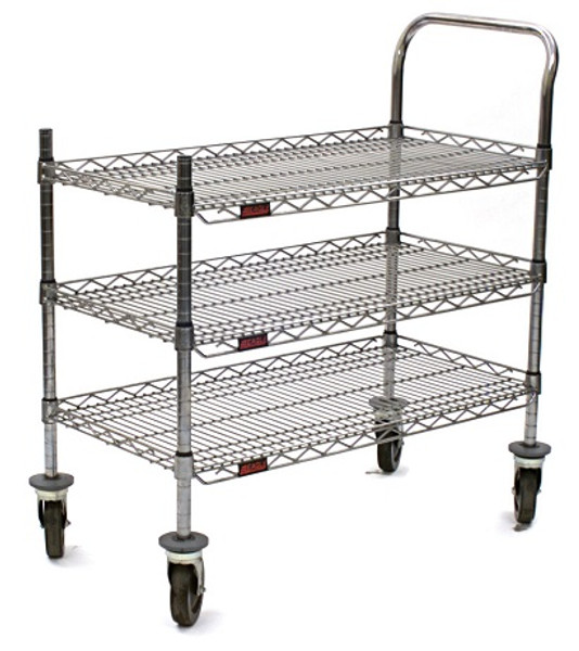 Utility Carts: 18" x 36": Casters, 3 Wire Shelves, 1 Handle, Chrome, Shelves Have a Built-In Ledge That Prevents Contents from Falling Off, EA-U3-1836C-RP