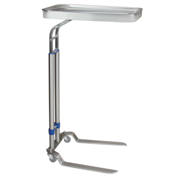 Double Pole Stainless Steel Mayo Stand: Two Posts with Two-Pronged Base, Stainless Steel Large Tray, 2" Rollerblade Casters, BL-8871SS