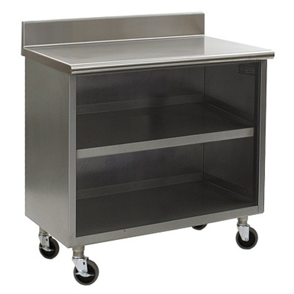 Stainless Steel Lab Cabinets:. Backsplash, Wheels, Open Base w/Shelf, 304 Stainless Steel, EA-CR-OBSE-BS-FCS-CAH