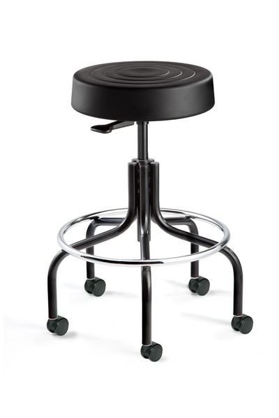 Cleanroom Stool,. Seat Height: 25"-35", Soft Polyurethane Seat, Black Tubular Base, Dual Wheel Hard Floor Casters, Black, BV-S3600-BLK